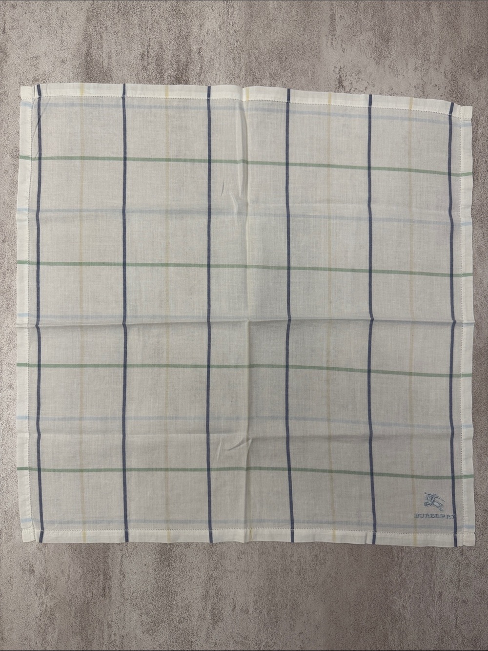Burberry White Windowpane Check Pocket Square with Blue and Green Stripes